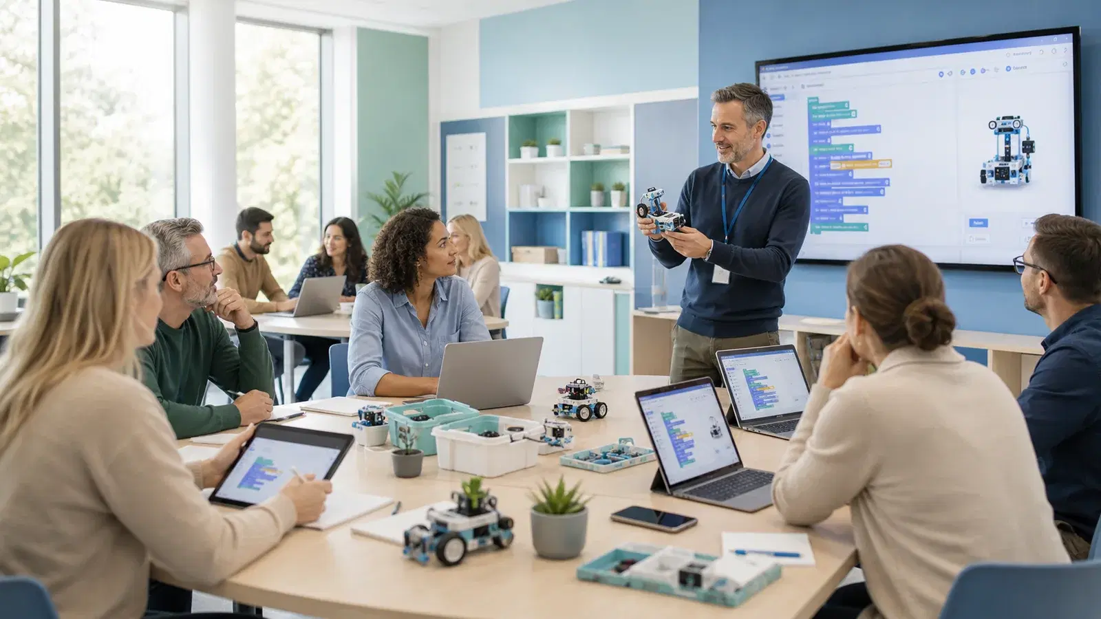 Modern workshop with teachers, digital devices and educational robotics