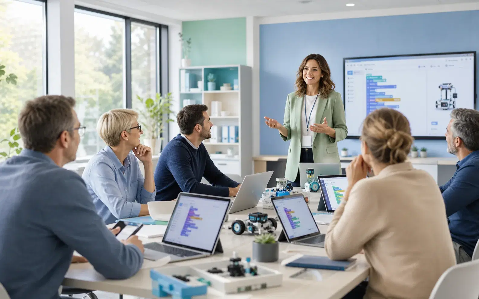 Teachers in a modern seminar room with digital learning materials and educational robotics